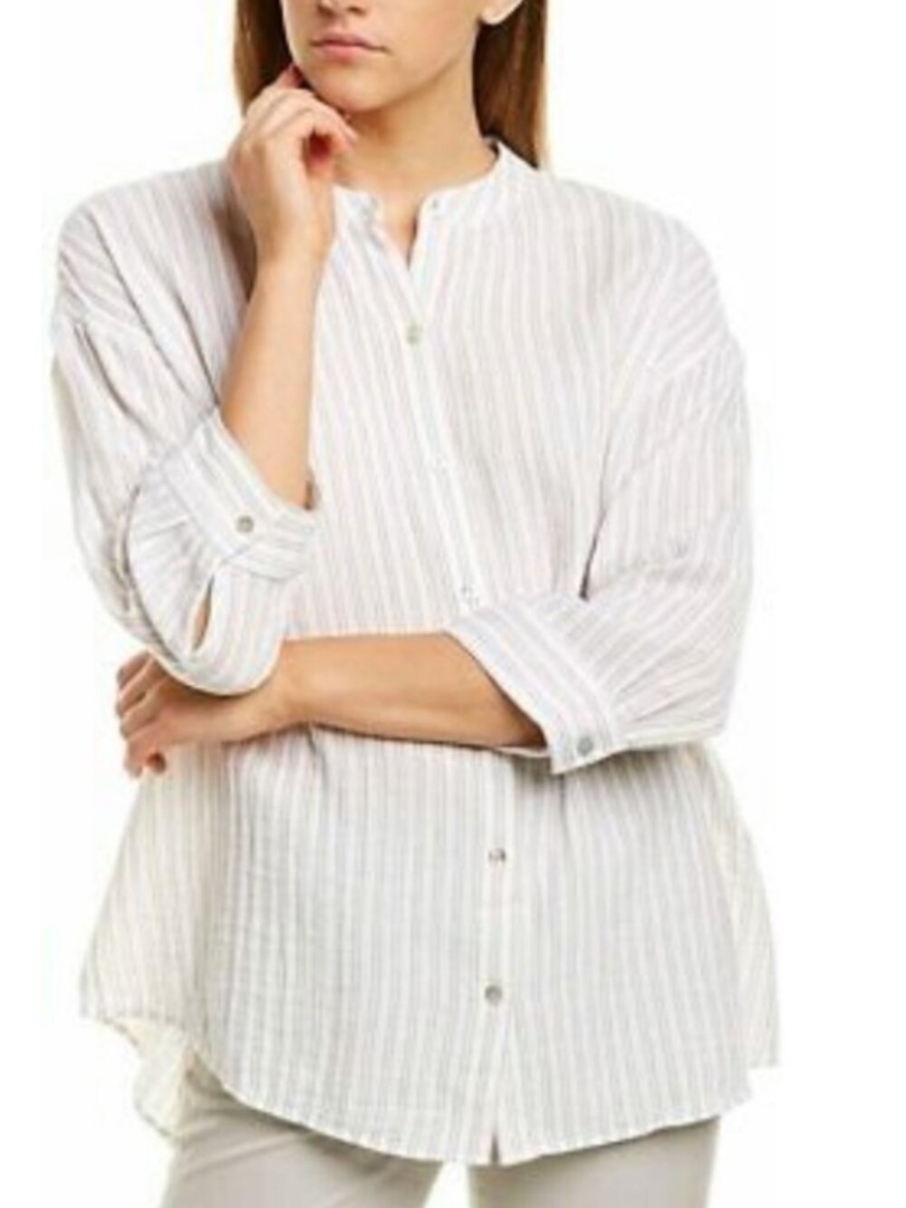 NWT EILEEN FISHER Organic Cotton White Khaki Striped Tunic in Women's X-Large